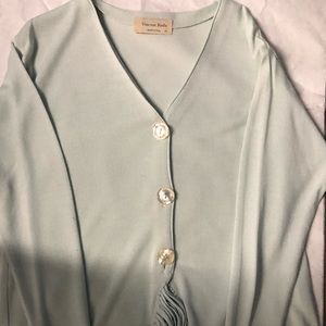 Blue Sweater w/ Pearl Buttons & Fringe Accent